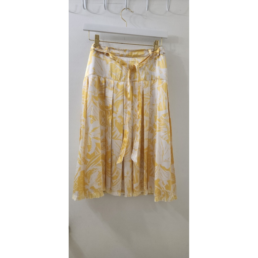 Oscar de la Renta Yellow Tropical Floral Pleated Fringe Midi Skirt‎ Size 6 5505